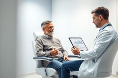 Doctor consults with a senior patient in a modern clinic. The image shows a healthcare professional reviewing data on a tablet while discussing health concerns with an older man. Clean, bright interior with a focus on patient care and medical technology.