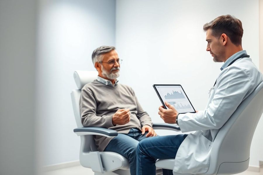 Doctor consults with a senior patient in a modern clinic. The image shows a healthcare professional reviewing data on a tablet while discussing health concerns with an older man. Clean, bright interior with a focus on patient care and medical technology.