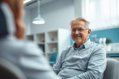 Senior man in a doctor's office, smiling and engaged in conversation. The scene features a modern medical environment with white shelves and a blue accent wall. Focus is on healthcare, senior care, and consultation with a medical professional. Glasses and a calm, professional setting are prominent.