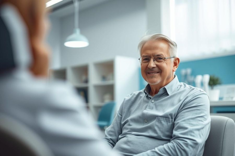 Senior man in a doctor's office, smiling and engaged in conversation. The scene features a modern medical environment with white shelves and a blue accent wall. Focus is on healthcare, senior care, and consultation with a medical professional. Glasses and a calm, professional setting are prominent.