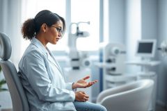 Woman in a white coat, likely an optometrist or ophthalmologist, sits in an exam chair in a bright, modern eye care clinic. Medical equipment and a window are visible in the background. Focus on professional healthcare and eye health.