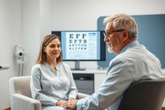 Optometrist examining patient during eye test. Senior man and young woman in a modern clinic setting with an eye chart displayed on a screen. Focus on eye care, vision health, and professional consultation. Neutral color palette with blues and creams.