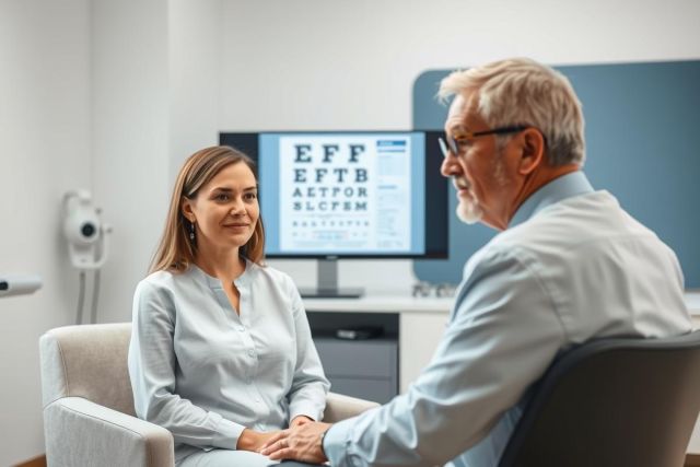 Optometrist examining patient during eye test. Senior man and young woman in a modern clinic setting with an eye chart displayed on a screen. Focus on eye care, vision health, and professional consultation. Neutral color palette with blues and creams.