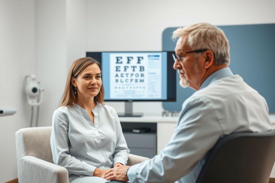 Optometrist examining patient during eye test. Senior man and young woman in a modern clinic setting with an eye chart displayed on a screen. Focus on eye care, vision health, and professional consultation. Neutral color palette with blues and creams.