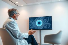 A mature doctor in a white coat sits in a modern office, gesturing towards a large screen displaying a blue and teal abstract eye graphic. The clean, minimalist interior suggests a medical technology or healthcare setting, likely focused on diagnostics or advanced imaging.