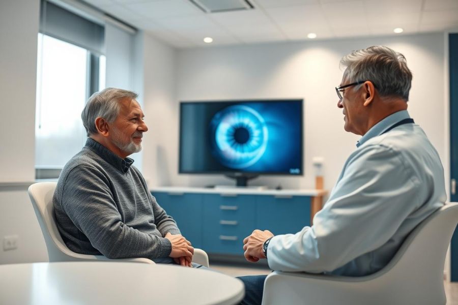Two mature men in a modern medical office consult, with an eye chart displayed on a TV screen. The scene features a clean, bright environment with blue accents, suggesting an eye care or ophthalmology setting. Focus on senior health and eye examination.