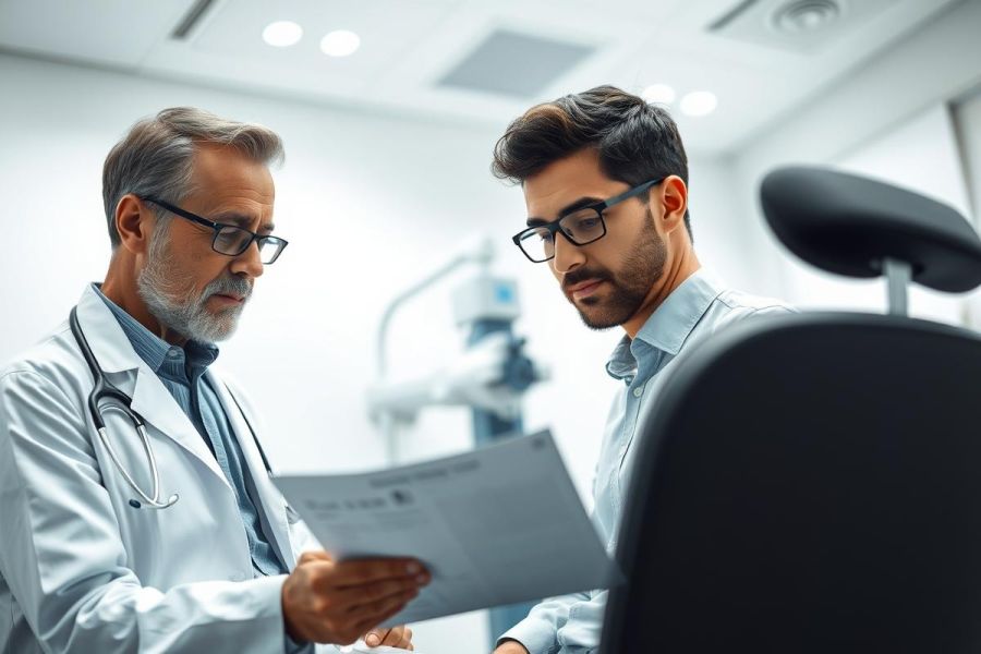 Two doctors, one older with gray hair and a stethoscope, and a younger man, examine medical documents in a modern, brightly lit clinic. They wear glasses and professional attire, focused on reviewing patient records. Healthcare professionals, medical consultation, and clinical setting are key themes.
