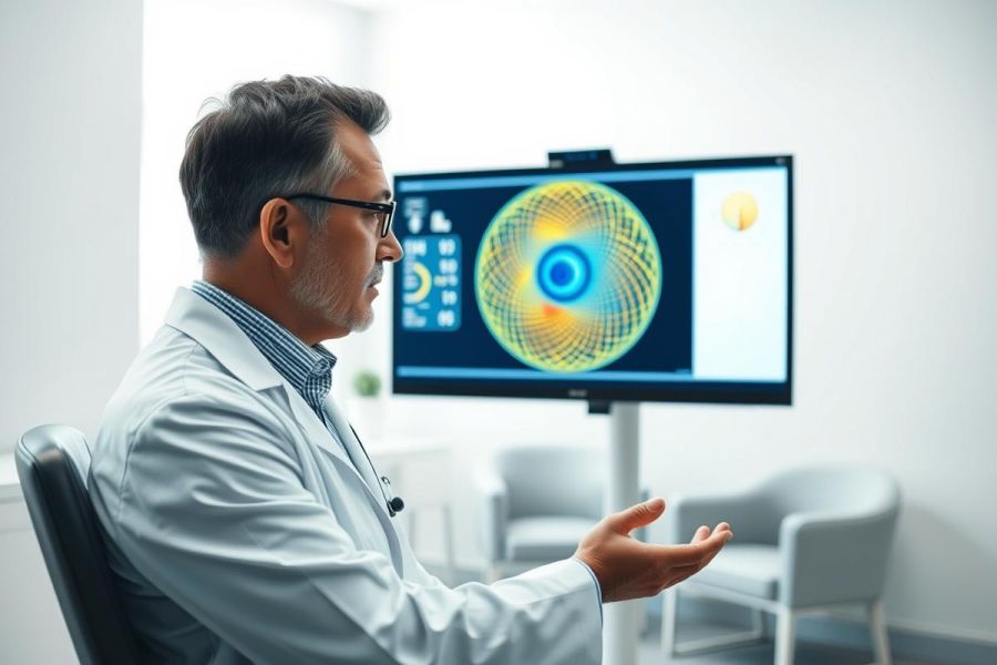 Doctor examining an eye scan on a monitor in a modern clinic. The image features a medical professional in a white coat, analyzing a detailed retinal display with yellow and blue hues. Healthcare, ophthalmology, and diagnostic imaging are key themes.