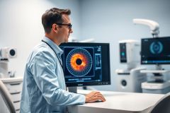 Optometrist examining eye scan on monitor in a modern clinic. Medical professional uses diagnostic equipment, displaying a colorful retinal image. Healthcare technology, eye care, and vision testing in a professional setting.
