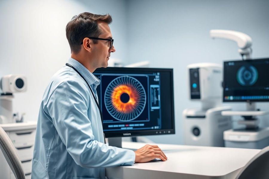 Optometrist examining eye scan on monitor in a modern clinic. Medical professional uses diagnostic equipment, displaying a colorful retinal image. Healthcare technology, eye care, and vision testing in a professional setting.