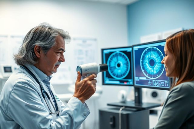 Doctor examining a patient's eye with specialized equipment in a modern medical clinic. Monitors display detailed eye scans. Healthcare, ophthalmology, eye care, diagnosis, and medical technology are key themes. Blue and white color palette.