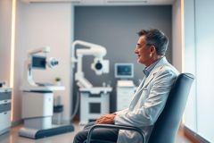 A male dentist in a white coat sits thoughtfully in a modern dental clinic. The room features advanced medical equipment, a gray accent wall, and bright, clean lighting.