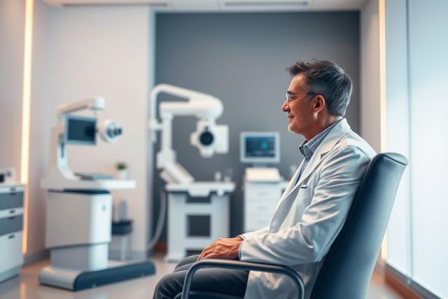 A male dentist in a white coat sits thoughtfully in a modern dental clinic. The room features advanced medical equipment, a gray accent wall, and bright, clean lighting.