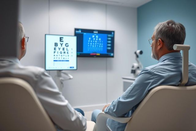 Eye exam in a modern clinic. Two men are undergoing vision tests with an electronic eye chart displayed on a screen. The setting is a bright, clean examination room, suggesting optometry and eye care services.