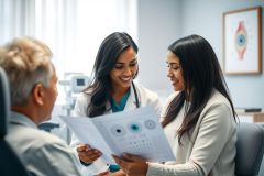 Doctor examining an eye chart with a patient and assistant in a bright, modern clinic. Healthcare professionals discussing eye health and vision testing. Focus on medical consultation and patient care, featuring warm lighting and a professional setting.