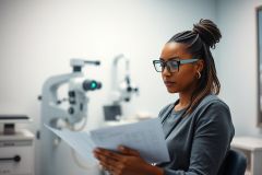 A young Black woman with glasses studies documents in an eye doctor's office. The modern clinic features medical equipment in the background. The image showcases healthcare, vision care, and professional focus, with a cool color palette.