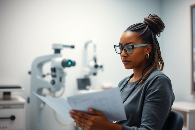 A young Black woman with glasses studies documents in an eye doctor's office. The modern clinic features medical equipment in the background. The image showcases healthcare, vision care, and professional focus, with a cool color palette.
