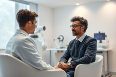 Doctor consults with a patient in a modern, bright medical office. Two men, one in a suit and the other facing away, are engaged in conversation with diagnostic equipment visible in the background. Focus on healthcare, consultation, and professional medical setting with neutral tones.