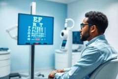 Eye exam in a modern clinic. A young man wearing glasses reads an eye chart displayed on a digital screen. Blue and white color scheme, professional healthcare setting, vision test, optometrist, eye care.