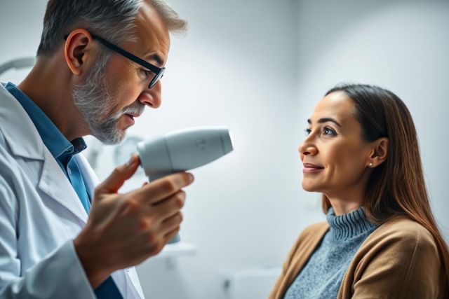 Doctor examining a patient's skin with a handheld device in a bright, modern clinic. The scene features a male physician in a white coat and a female patient, showcasing a medical consultation focused on dermatology or skincare. Warm skin tones and neutral colors dominate the image.