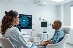 Optometrist examining a patient in a modern eye care clinic. The scene shows a doctor and patient seated facing a monitor displaying eye scan data, highlighting healthcare and vision testing in a bright, clean environment.