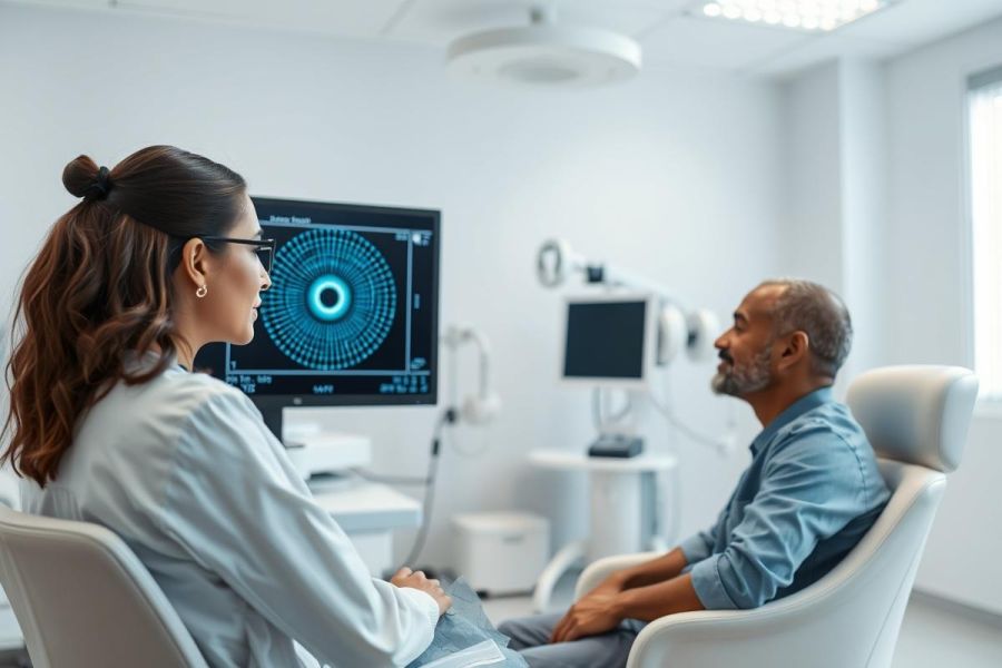 Optometrist examining a patient in a modern eye care clinic. The scene shows a doctor and patient seated facing a monitor displaying eye scan data, highlighting healthcare and vision testing in a bright, clean environment.