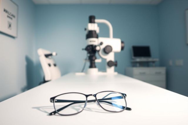Optometrist's office scene featuring eyeglasses on a white table next to eye exam equipment. A slit lamp and computer are visible in a blue-toned room. Focus is on the glasses, suggesting vision care and eye health services.