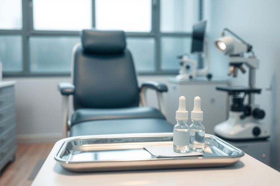 Medical office interior featuring a black examination chair, stainless steel tray with dropper bottles, and medical equipment. The room has a clean, modern aesthetic with soft blue and white tones, and natural light from windows. Focus is on healthcare, dermatology, or cosmetic procedures within a clinical setting.