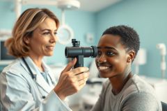 Optometrist examining a patient's eyes in a bright, modern clinic. The doctor uses a diagnostic tool while the smiling young woman looks on. Healthcare, eye care, and medical examination are key themes. Blue and neutral tones dominate the scene.