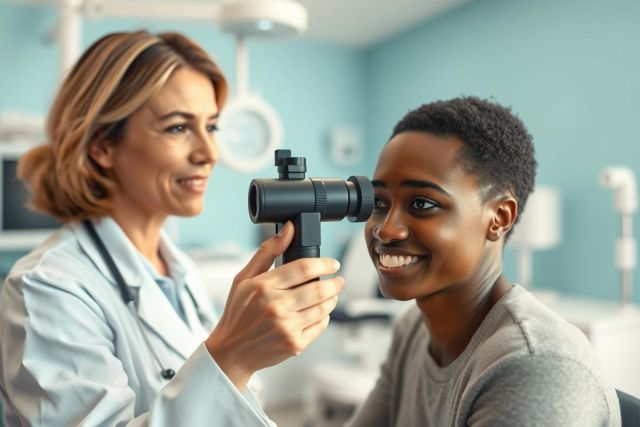 Optometrist examining a patient's eyes in a bright, modern clinic. The doctor uses a diagnostic tool while the smiling young woman looks on. Healthcare, eye care, and medical examination are key themes. Blue and neutral tones dominate the scene.
