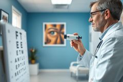 Optometrist examining a patient's vision with an ophthalmoscope in a bright blue clinic. Eye chart visible, showcasing an eye exam setting. Professional healthcare scene, focusing on eye care and vision testing.
