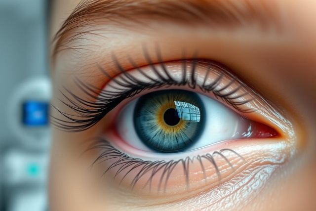 Close-up of a striking blue and green eye with long dark eyelashes and a warm skin tone. Detailed view showcasing the iris and surrounding features, reflecting light and creating depth. Focus on beauty, eyes, and natural details.