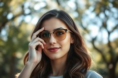 Portrait of a stylish woman with long brown hair and red lipstick, wearing trendy yellow-tinted glasses. She's outdoors in a sun-drenched natural setting with blurred green foliage in the background. A fashion and beauty shot with warm tones and a focus on eyewear.