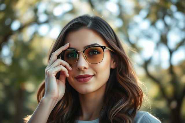 Portrait of a stylish woman with long brown hair and red lipstick, wearing trendy yellow-tinted glasses. She's outdoors in a sun-drenched natural setting with blurred green foliage in the background. A fashion and beauty shot with warm tones and a focus on eyewear.