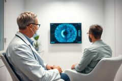 Doctor and patient consultation in a modern medical clinic. A healthcare professional wearing a mask discusses results displayed on a screen with a patient. The image showcases a clinical setting with blue and white tones, representing medical diagnostics and healthcare services.