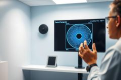 Man in a modern office setting examining a corneal topography scan displayed on a monitor. The blue-toned image shows a detailed eye map. Medical technology, ophthalmology, and diagnostic equipment are visible in a clean, light blue environment.