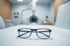 Eyeglasses on a table in an ophthalmology clinic. Blurred background features an eye chart and medical equipment, suggesting an eye exam. Modern black frames with blue accents. Healthcare, vision care, eyewear, optometrist.