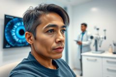 Man receiving eye exam in a modern ophthalmology clinic. Close-up portrait shows patient with an eye chart displayed on the wall behind him and an optometrist in background. Focus on eye health and vision care.