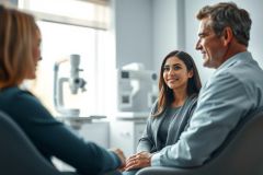 Healthcare consultation: A doctor interacts with patients in a bright, modern medical office. Focus is on the warm interaction between medical professionals and patients, featuring diverse individuals in a clinical setting with neutral colors and laboratory equipment in the background.