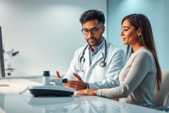 Doctor consults with a patient in a modern medical office setting. A male physician wearing a white coat and stethoscope discusses results with a female patient. 