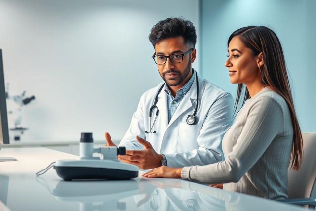 Doctor consults with a patient in a modern medical office setting. A male physician wearing a white coat and stethoscope discusses results with a female patient. 