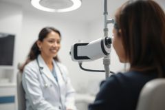 Eye exam at an optometry clinic. A smiling female doctor interacts with a patient undergoing vision testing with an autorefractor. Bright, modern medical setting with white walls and equipment. Focus on eye care and health.