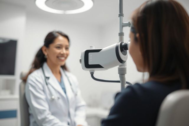 Eye exam at an optometry clinic. A smiling female doctor interacts with a patient undergoing vision testing with an autorefractor. Bright, modern medical setting with white walls and equipment. Focus on eye care and health.