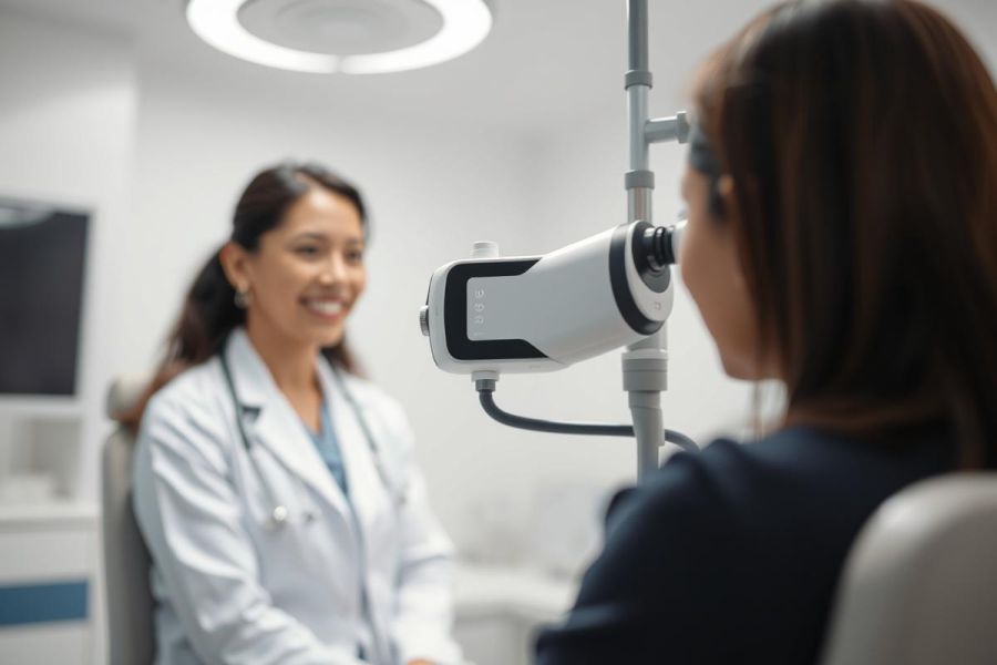 Eye exam at an optometry clinic. A smiling female doctor interacts with a patient undergoing vision testing with an autorefractor. Bright, modern medical setting with white walls and equipment. Focus on eye care and health.