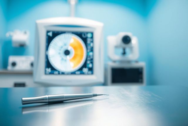 Close-up of medical equipment in a sterile blue operating room. A surgical instrument rests on a tray in front of a diagnostic monitor displaying eye charts. Focus is on medical technology and eye care.