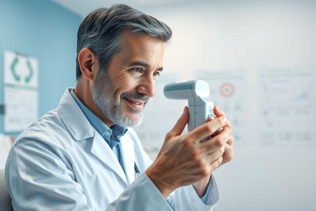 Male optometrist in a white lab coat examining a patient's eye using an autorefractor. The clinical setting features blue walls and eye charts, suggesting an eye exam or vision test. Focus is on professional eye care and diagnostic equipment.