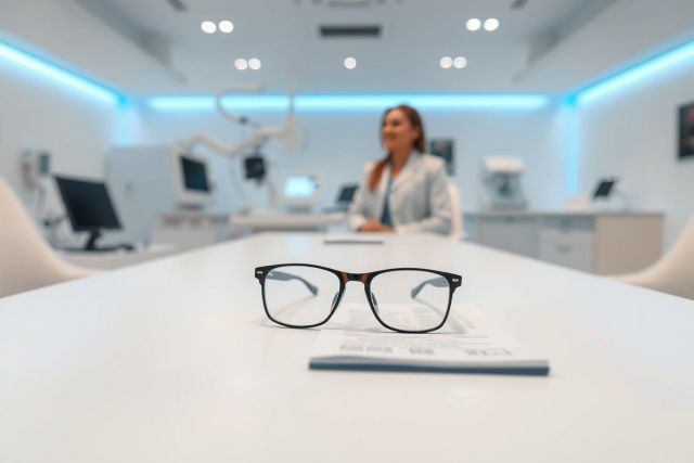 Eyeglasses on a table in a modern, bright dental clinic. A female dentist sits blurred in the background. The scene features clean white walls, blue accent lighting, and medical equipment, suggesting eye care and professional healthcare services.