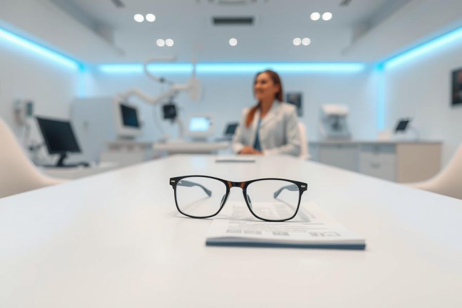 Eyeglasses on a table in a modern, bright dental clinic. A female dentist sits blurred in the background. The scene features clean white walls, blue accent lighting, and medical equipment, suggesting eye care and professional healthcare services.
