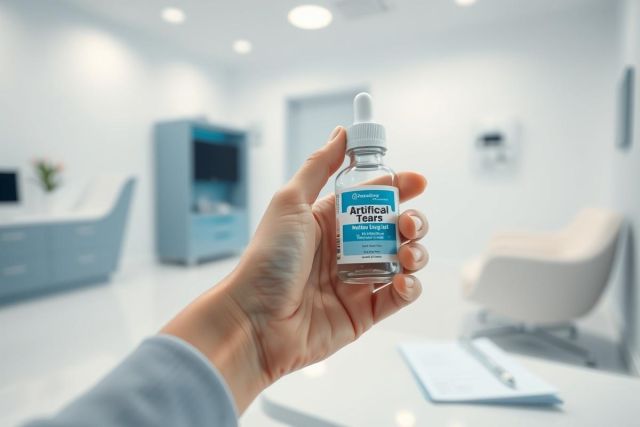 Close-up of a hand holding a bottle of artificial tears in a bright, modern medical office setting. The eye drops are labeled, showcasing healthcare and eye care solutions. Cool blue and white tones dominate the image, suggesting cleanliness and professionalism.