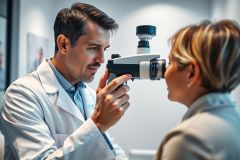 Optometrist examining a patient's eyes in a bright, modern clinic. The doctor in a white coat uses an ophthalmic instrument. Focus on eye care and vision testing in a professional healthcare setting. Neutral colors with a clean, clinical aesthetic.